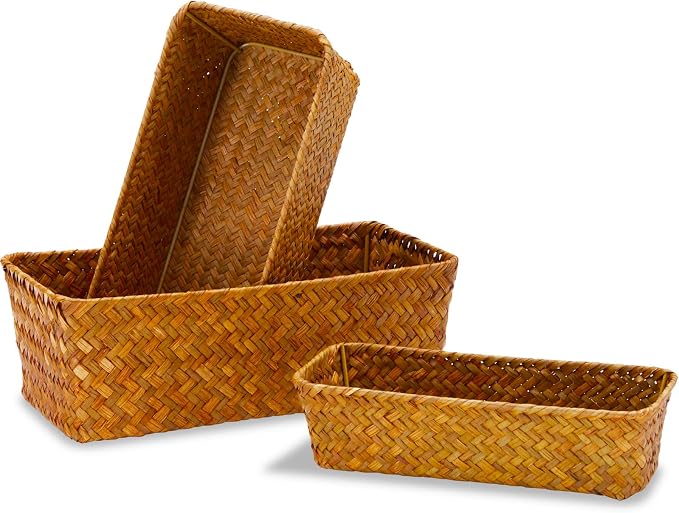 Seagrass Storage Basket, Stackable Open Woven Baskets Bins Container for Organizing Shelves Bedroom Living Room, Set of 3, Natural - Image 7