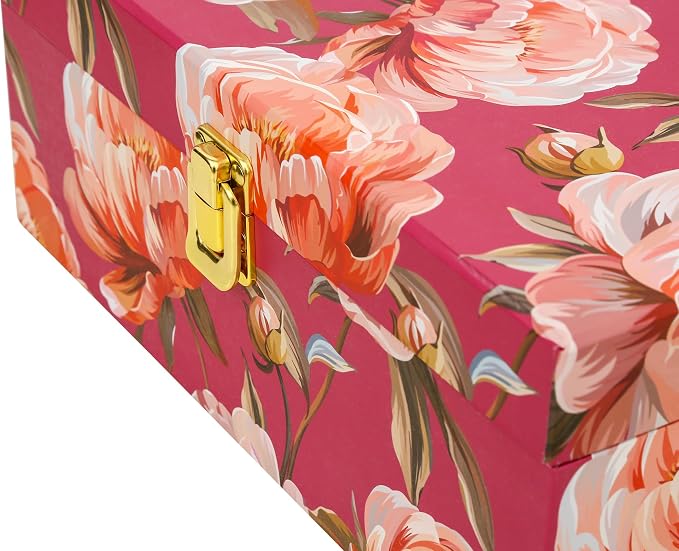 2-Piece Decorative Keepsake Storage Boxes with Lids, Bold Peony Floral Design in Berry Pink & Deep Navy, Cardboard Memory Boxes with Elegant Gold-Tone Accent, Stackable Home Décor Storage - Image 6