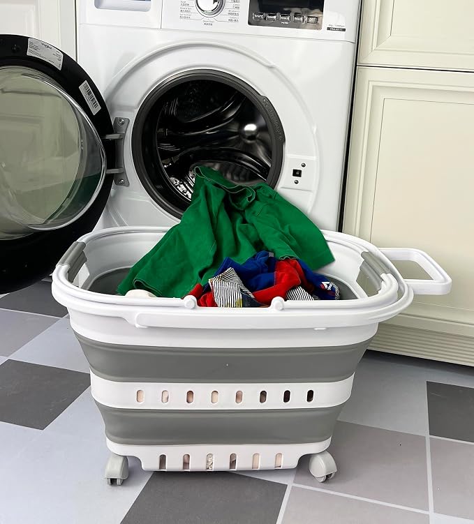 SAMMART 35L (9.24 Gallons) Collapsible Plastic Laundry Basket with Handle and Wheels - Foldable Pop Up Storage Container/Organizer with handle and wheels - Space Saving (1, White/Grey) - Image 8
