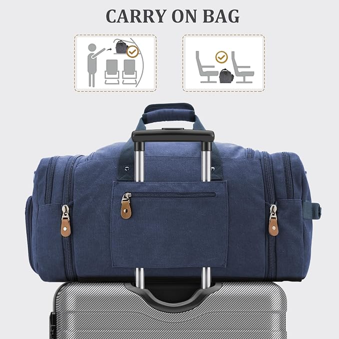 Gonex Canvas Duffle Bag, Expandable 60L Travel Overnight Weekender Bag | for Men, with Shoe Compartment, Multiple Pockets, Tear-Resistant, Durable Zippers, Detachable Strap, Blue - Image 7