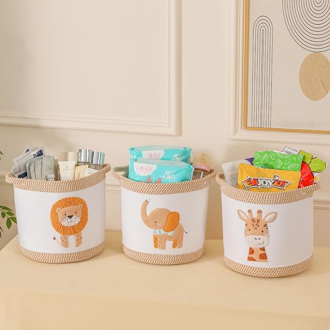 3-Piece Woven Baby Toy Baskets Laundry Hampers, Foldable Nursery Organizer for Toys Clothes Stuffed Animals, Roomy Sturdy Hampers for Baby Gift Nursery Decor Baskets Lion/Giraffe/Elephant Design - Image 8