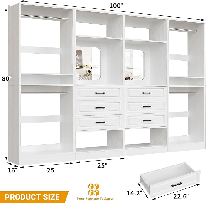 Unikito 100" Wood Closet System with Drawers and Mirror, White | Large walk in wardrobe organizer with hanging rods and adjustable shelves, sturdy freestanding garment rack tower. - Image 7