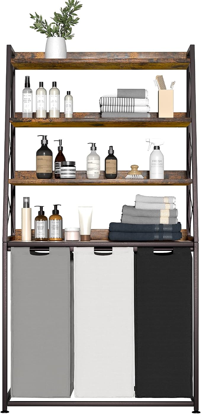 Herture Laundry Basket, 3 Section Laundry Hamper with 4 Tiers Shelf, Pull-Out and Removable Laundry Bags, Large 3 x 15.87 Gallons, for Laundry Room Bathroom Rustic Brown PF05XLN - Image 8