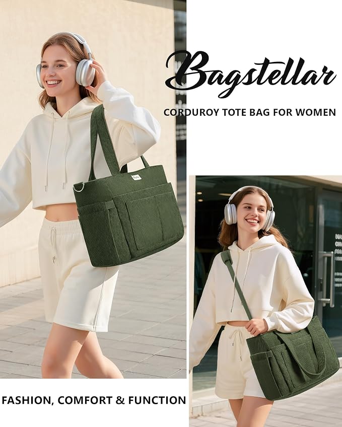 Bagstellar Corduroy Tote Bag for Women, 17 Pockets Laptop Work Tote Purse | Large 15.6” Computer Bag w/ 40oz Cup Holder & Strap, Zipper Teacher Nurse Bible Shoulder Bag for School Travel College Office - Image 8