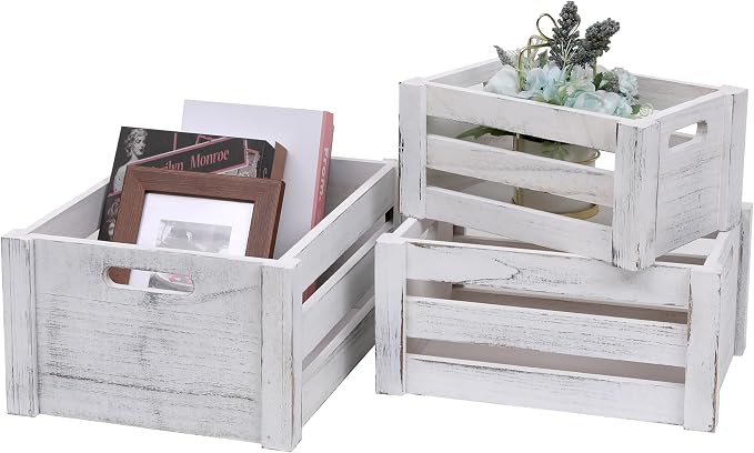 Set of 3 Nesting Wooden Crates, Small Rustic Farmhouse Wood Storage Boxes with Handles, Stackable Compact Organizer Bins for Kitchen Bathroom Bedroom Decor, 3 Sizes & 3 Colors (White, Brown, Black) - Image 7