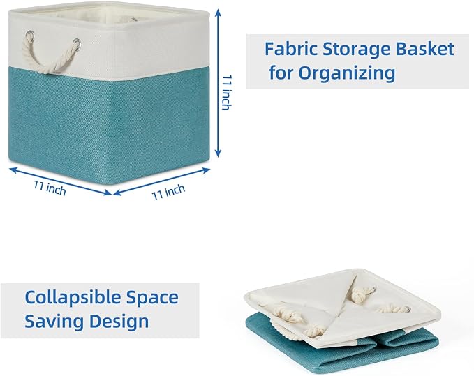 Temary Cubes Storage Baskets 11 Inch Cube Storage Bins 4 Pack Fabric Baskets for Gift Empty Teal Storage Bins for Shelves, Collapsible Fabric Storage Cubes Basket for Storage (White&Teal) - Image 7