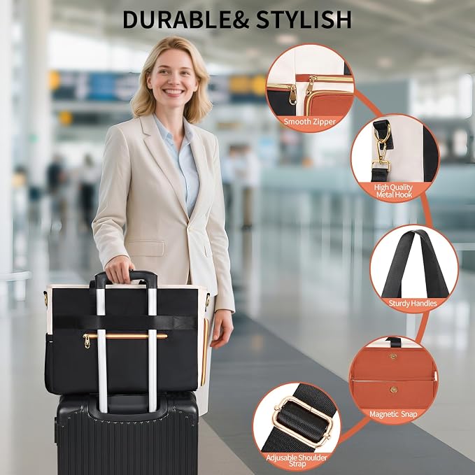 ESTARER Teacher Tote Bag for Women 2Pcs,15.6'' Laptop Work Bag Computer Bag w/File Folder & Insulated Pocket, Large Water-resistant Messenger Shoulder Bag for Office/Travel/College,Black-Beige-Brown - Image 8