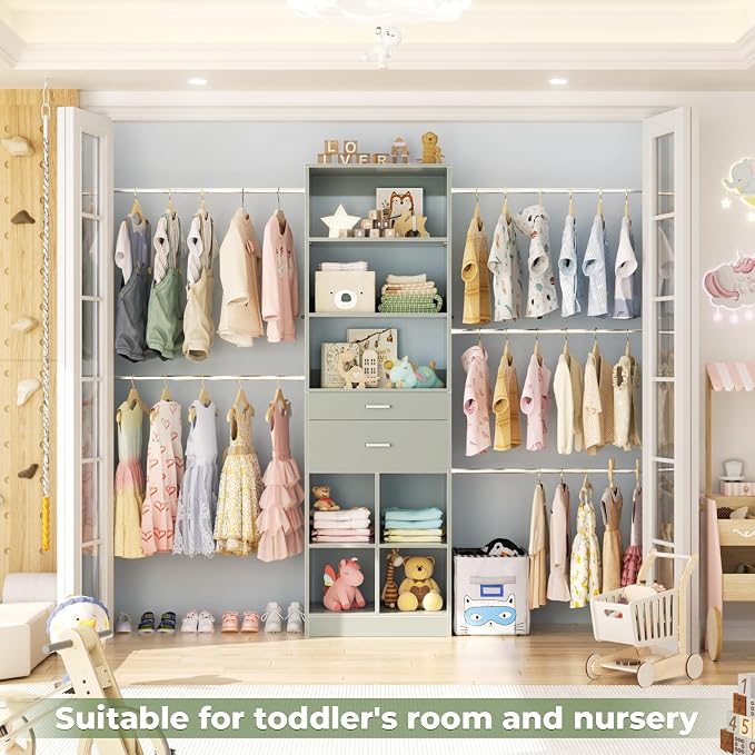 Besiost Closet System, 4-8 FT Closet Organizer Tower with 2 Wooden Drawers and Shelves, Can Fit 60 to 96 inch Walk-in Closet System with 5 Hang Rods, Built-in, Crab Green - Image 8