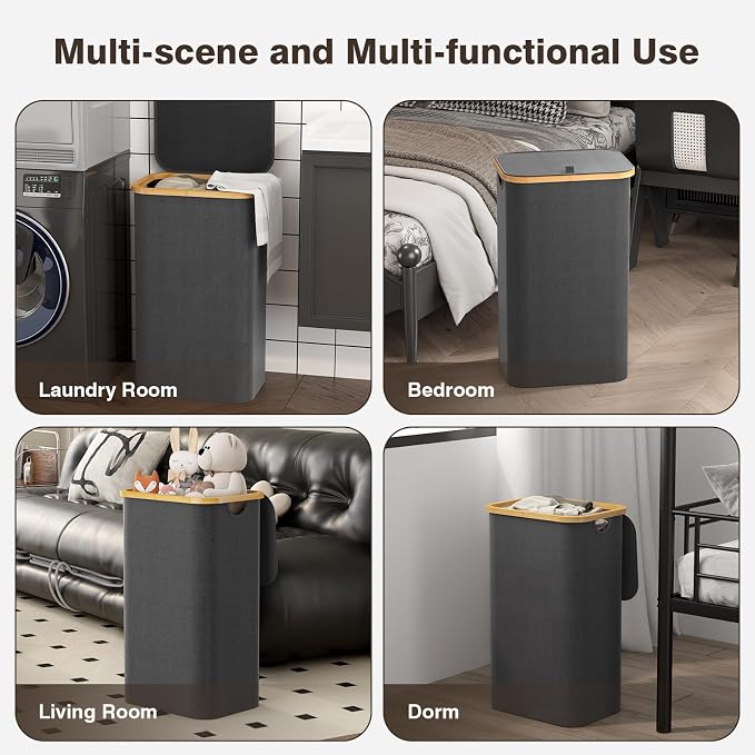 Laundry Hamper with Lid, Laundry Basket with Removable Bag, Grey | 100L Large Dirty Clothes Hamper with Handle, Freestanding Bamboo Laundry Hamper for Bedroom, Bathroom, Laundry Room - Image 7