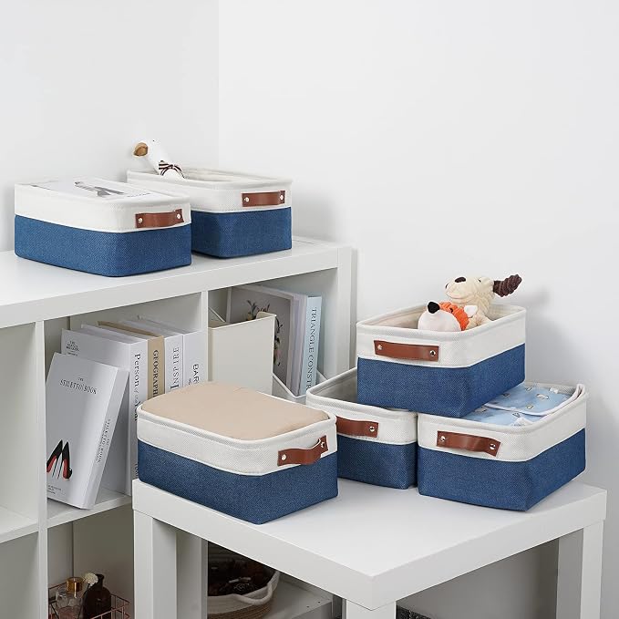 DULLEMELO Set of 6 Small Baskets for Organizing, Small Fabric Storage Bins for Toys Storage, Collapsible Storage Bins with Leather Handles for Shelves, Closets, Laundry, Nursery(White&Blue) - Image 7