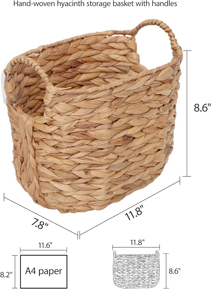 Water Hyacinth Storage Basket with Handles, Woven Boho Storage Basket for Organizing, 11.8" x 7.87" x 8.66" Natural Oval Handwoven Basket for Shelf, Bathroom, Living Room - Image 7