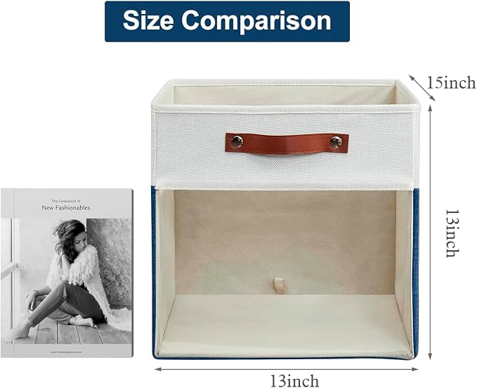 Storage Cubes, 4 Pack Linen Foldable Storage Bins with Clear Window and 2 Handles, 13x15x13 Storage Cube Bins for Shelf Closet, Kallax, Clothes, Books - (Navy Blue / Off-White) - Image 7