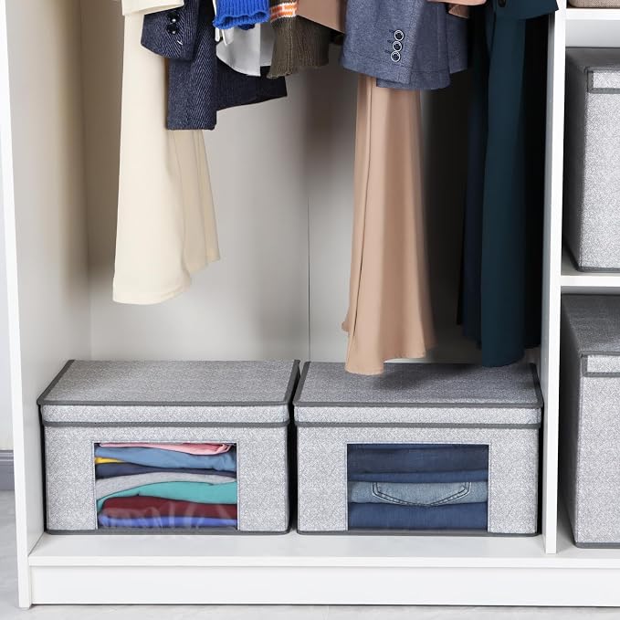 Univivi Fabric Storage Bins with Lids for Closet, 4 Pack, Grey | Fabric Foldable Storage Boxes, Sturdy Collapsible Storage Bins with Clear Window, Storage Cubes for Home, Closet, Shelves - Image 6