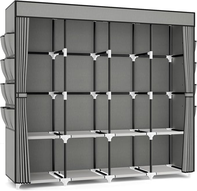 Portable Closet for Hanging Clothes, 67 Inch Wide Portable Wardrobe Closet with Cover, 4 Hanging Rod, Storage Shelves and Side Pockets, Large Free Standing Closet for Bedroom, Grey - Image 8