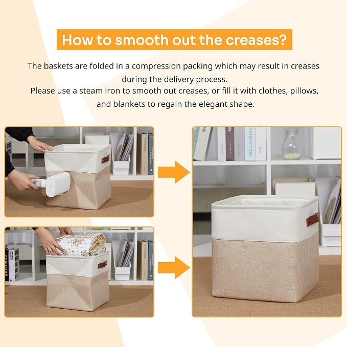 DULLEMELO 11 inch Cube Storage Bins, Large Collapsible Grey Storage Baskets for Square Cubes Organizing, Fabric Boxes Bins for Shelves Nursery Home Office Storage(4 Pack - 11" White&Khaki) - Image 7