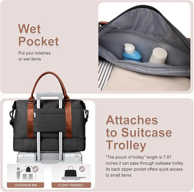 Large Weekender Bags for Women, Travel Duffel Bag with Shoe Compartment,Personal Item Travel Carry on Overnight Bag for Women Travel Set,Black & Brown - Image 6
