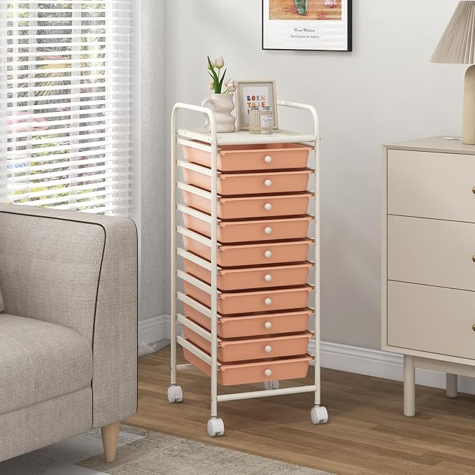 GOFLAME 10-Drawer Rolling Storage Drawer Cart, Utility Cart with Removable Drawers & Metal Frame, Mobile Art Craft Drawer Cart with Lockable Wheels for Home, Office, Studio, School, Peach Fuzz - Image 9