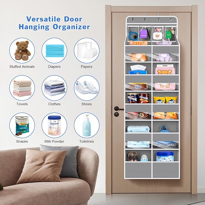 Univivi Upgraded Over the Door Organizer for Baby Nursery, Grey, 6-Shelf | Fabric Door Organizer with Clear Window Deep Pockets, Over Door Hanging Organizer for Baby Essential, Bedroom, and Dorm - Image 9