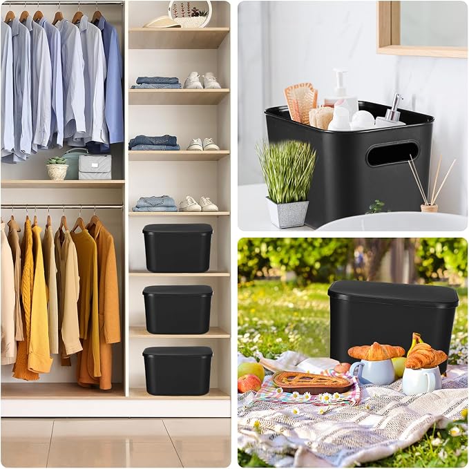 8 Pack Storage Bins, 9.8 X 7.1 X 6.3 Inch Black | Plastic Stackable Containers with Lid Handle, For Shelves Desktop Playroom Office, Organizing Toys Books Supplies Storage - Image 7