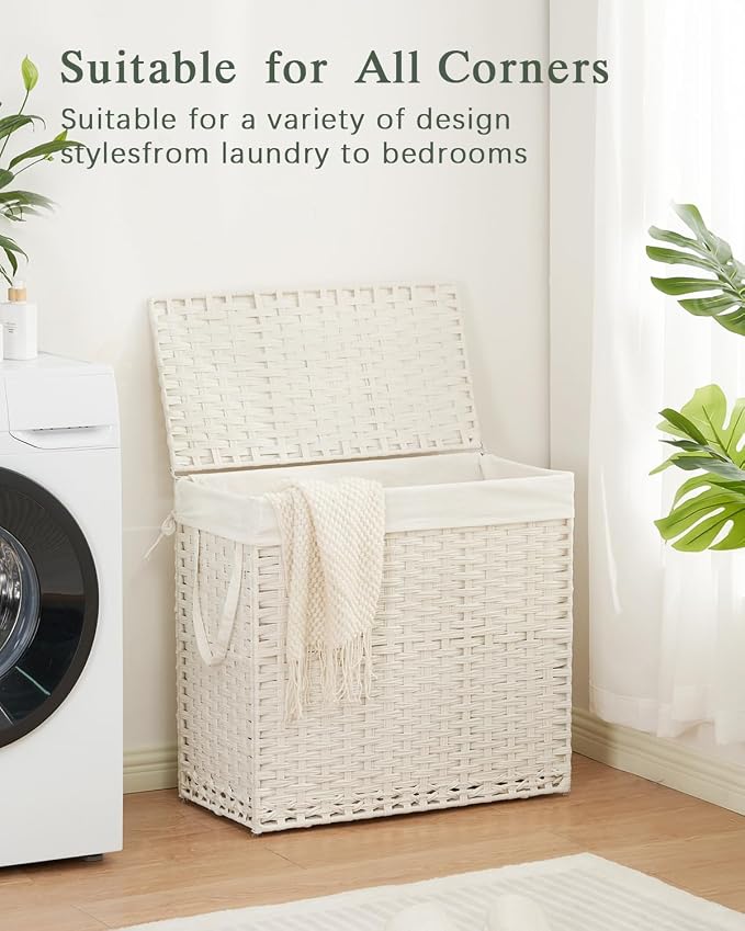 SETVSON Laundry Hamper with Lid Laundry Basket 132 L PE Rattan, White | Large Family Clothes Sorter Trunk with Lid, 3 Compartment Washable Liners, 6 Mesh Bags, Collapsible Steel Frame - Image 8