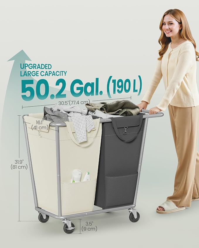 SONGMICS Laundry Basket with Wheels, 2-Section Laundry Sorter, 50.2 Gallons (190 L) Rolling Hamper with Removable Bags, Heavy-Duty Steel Frame, Cream White and Dark Gray URLS009X01 - Image 6