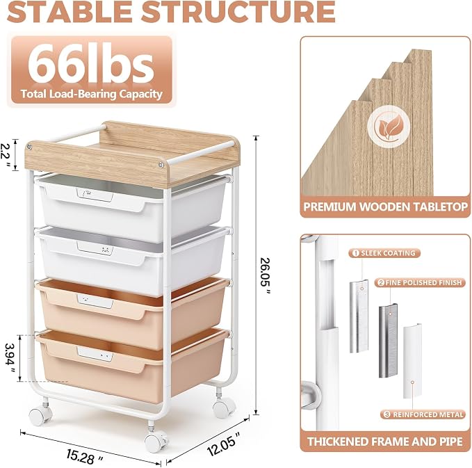 SYKIARIOL Rolling Storage Utility Cart with 4 Drawers,Art Cart,Pearl | Kids Craft Cart,Makeup Organizer and Storage with Wooden Tabletop - Image 9