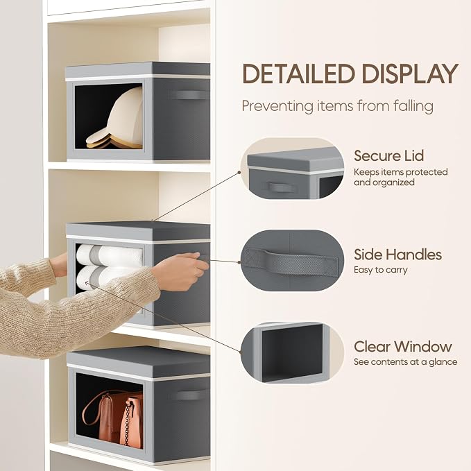 Storage Bins with Lids - Small Fabric Organizers with Window, Collapsible Storage Bins for Clothes, Decorative Closet Organizers for Towels, Tshirt, 4 Pack, Grey - Image 6