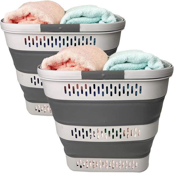SAMMART 38L(10 Gal) Collapsible Laundry Basket - Foldable Pop-Up Storage Container/Organizer-Portable Space Saving Hamper, Measure 17.5x13.3x15.7"/3.8" Expanded/Collapsed (2, Grey) - Image 9