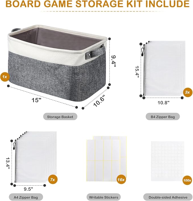 Lukeline Board Game Storage Kit Include 2 Storage Basket and 20pcs Zipper Bags, Board Game Organizer with Writable Stickers and Dispensing, Suitable for Puzzle Storage, Toys, Building Blocks, Document - Image 7