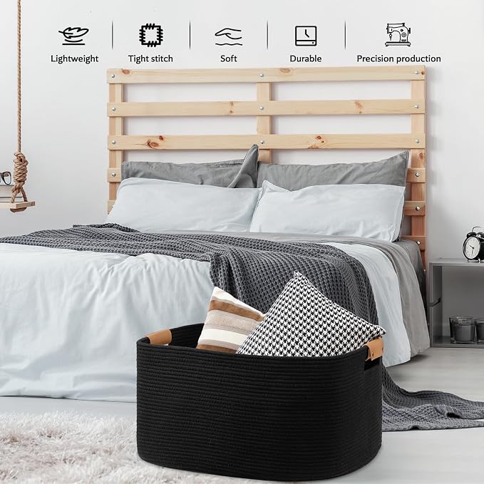 Large Woven Basket, 108 L Blanket Basket for Living Room, Nursery Bin for Toys Organizing & Laundry, Cotton Rope Hamper with Leather Handle, 25’’*16’’*16’’ Black - Image 9