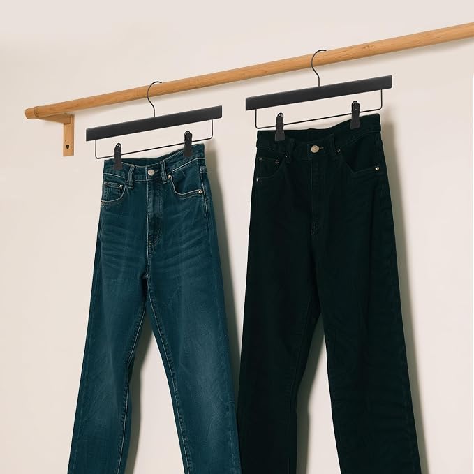 14" Wood Pants Hangers with Adjustable Non-Slip Clips, Black, 24-Pack | Solid Wood Material, Bottom Hangers with 360° Swivel Hook, Space Saving Hangers for Skirts, Slacks, Trousers, Jeans - Image 7