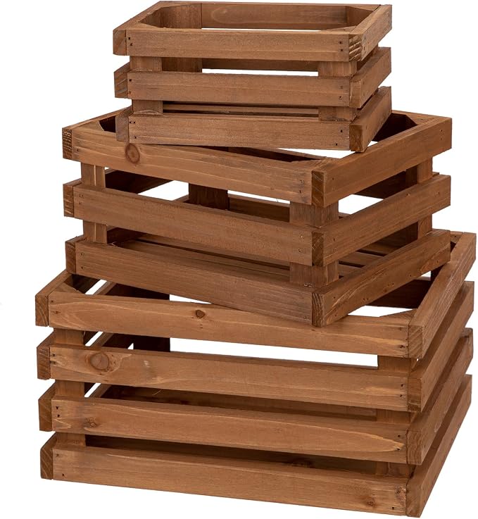 Set of 3 Nesting Wooden Storage Crates - Rustic Wooden Storage Crates for Display Brown Wood Container Boxes Wood Baskets for Farmhouse Flower Stand Display Rack for Shops or Exhibitions Home Decor - Image 8