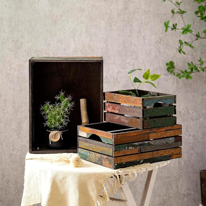 Barydat Set of 5 Wood Crates for Display Decorative Nesting Wooden Crate Storage with Handles Vintage Farmhouse Style Decorative Boxes Multipurpose Fruits Vegetables Boxes(Colored Drawing,Random) - Image 8
