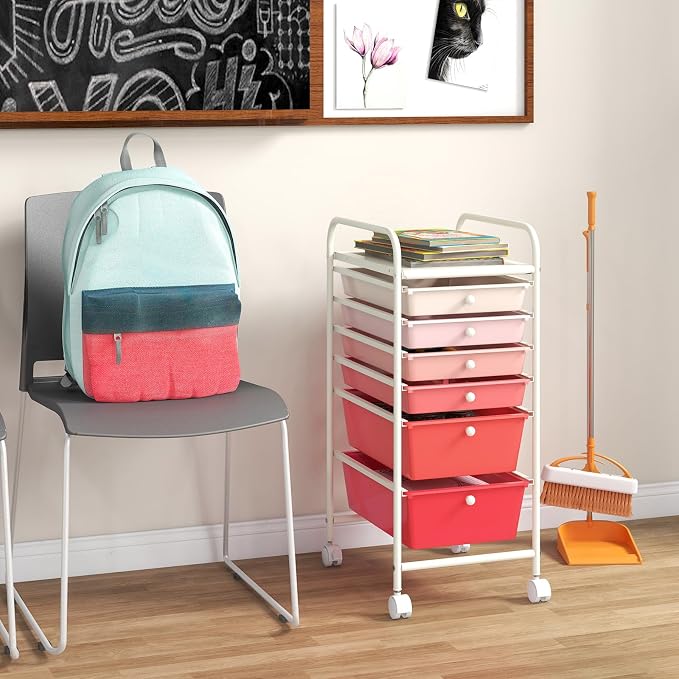 Giantex 6 Storage Drawer Cart Rolling Organizer Cart for Tools Scrapbook Paper Home Office School Multipurpose Mobile Utility Cart (Pink Gradient) - Image 9