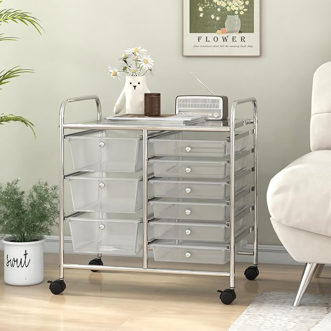 9 Drawer Rolling Storage Cart, Rolling Cart with Drawers for Classroom, Art Supply Craft Organizer on Wheel with Metal Frame & Handles for Home Office School - Image 9