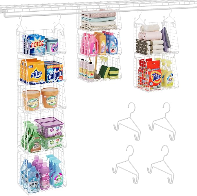 Sonyabecca 5-Tier Hanging Laundry Basket Organizer: Foldable Wire Shelf Basket with 4 Large Hooks 1.65" & 360°Rotating Hooks – Space-Saving Laundry Room Organization for Wardrobe Closet, White Patent - Image 8