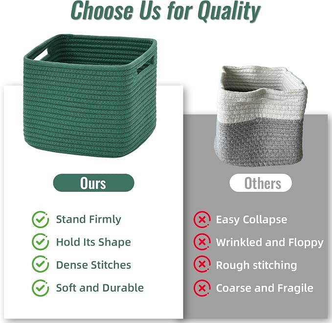 3 Pack Cube Storage Bin, 9”x9”x7” Cotton Rope Woven Baskets for Organizing Toys Clothes Towels, Square Gift Storage Baskets for Shelves, Nursery, Closet, Bathroom, Pantry (Green) - Image 9