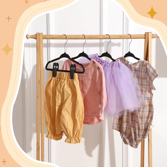 50 Pack Velvet Hangers for Baby & Kids, 11 Inch Non-Slip Infant Clothes Hangers with 100 Multi-use Adjustable Clips, Slim Space Saving Hanger for Nursery Closet, Toddler Skirts Pants Coat, Black - Image 7