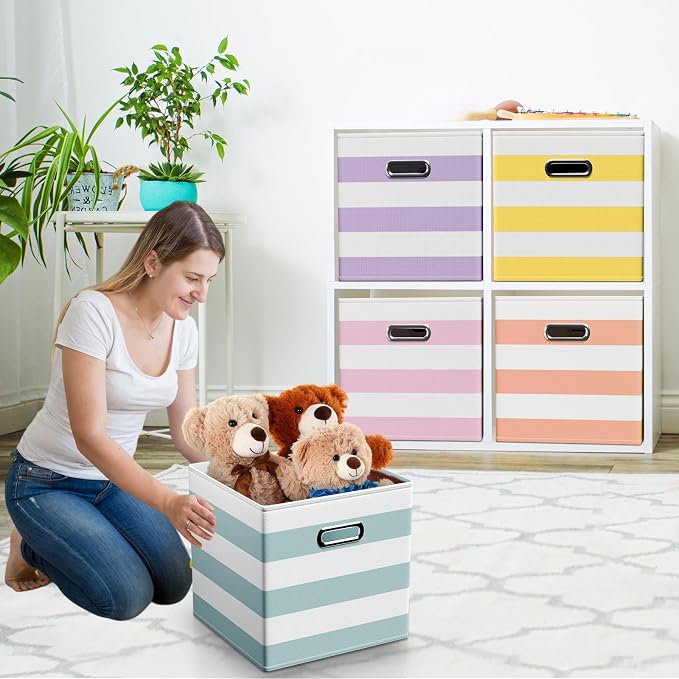 CroBlissful 13 Inch 6 Pack Fabric Storage Cubes with Metal Handles, Back to School Collapsible Organizer Bins for Classroom, Closet, Student Room, Toys and School Supplies (Macaron Color) - Image 6