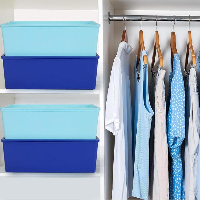 6 Pcs Large Plastic Storage Bins with Lids, Blue | 14.4 x 10.4 x 5.1 Inch, Stackable Storage Containers, Decorative Cubby Organizer for Clothes Shelves Garage Closet Office - Image 6
