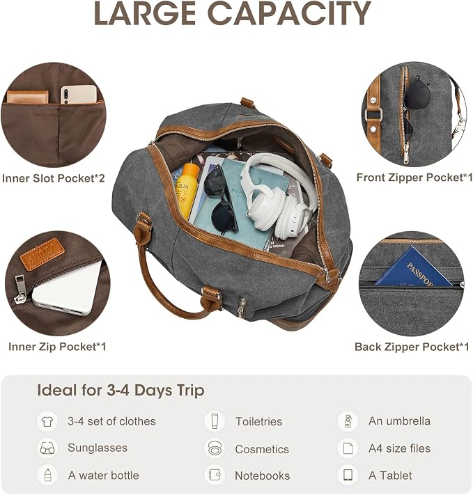 S-ZONE Weekender Bag for Men Large Canvas Duffle Overnight Travel Bag Grey | Anti-wrinkle Canvas,Adjustable Shoulder Strap,1 Main Compartment and 7 Pockets,with Shoe Compartment - Image 6