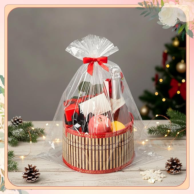 Weysat 3 Set Baskets for Gifts Empty Bulk, Large Woven Bamboo Gift Basket Kit with Handles, Bow, Wrap Bag to Fill for Raffle Thanksgiving Day Wedding Birthdays Party Wrapping (Red) - Image 5