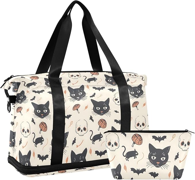 Travel Duffel Tote Bag Cat and Skulls Sports Duffel Bag with Wet Pocket Weekender Overnight Bag for Women Men Gym Bag, Carry On Bag Hospital Bag for Labor and Delivery - Image 7
