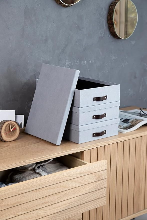 Bigso Box of Sweden Oskar Canvas Fiberboard Document Letter Box - File Organizer Box for Important Paperwork - Document Storage with a Lid & Handle - 3.3 in x 10.2 in x 13.8 in - 3 Pack - Grey - Image 9