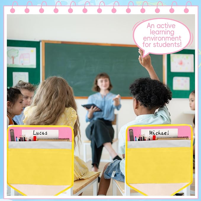 24Pcs Pencil Chair Pockets for Classroom Pencil Chair Back Buddy Pocket with Name Tags 17 x 20In Chairs Organizer 3 Pockets Seat Storage Pocket for Kids School Classroom Daycare Home Supplies - Image 7