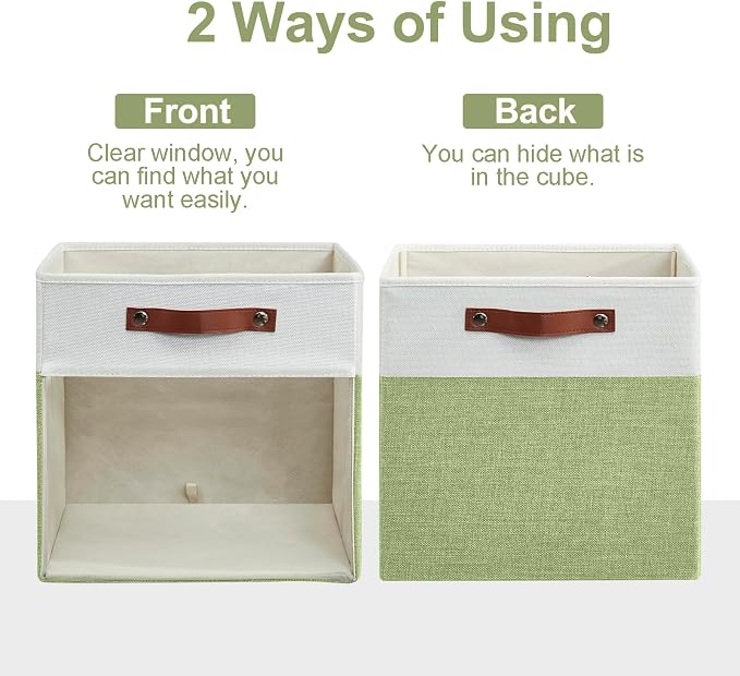 Storage Cubes, 4 Pack Linen Foldable Storage Bins (13 x 13 inch) with Clear Window and Handles, Fabric Organizer for Shelf Closet, Clothes, Books - (Green and White) - Image 7