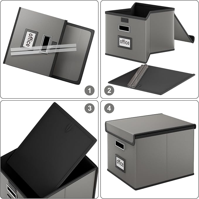 Foldable File Organizer Box with Lids (4 Pack, Dark Gray, Leather) | File Box with Plastic Slides for Document, Filing Bin for Letter Size Hanging File Folders (4 Pack, Dark Gray, Leather) - Image 7