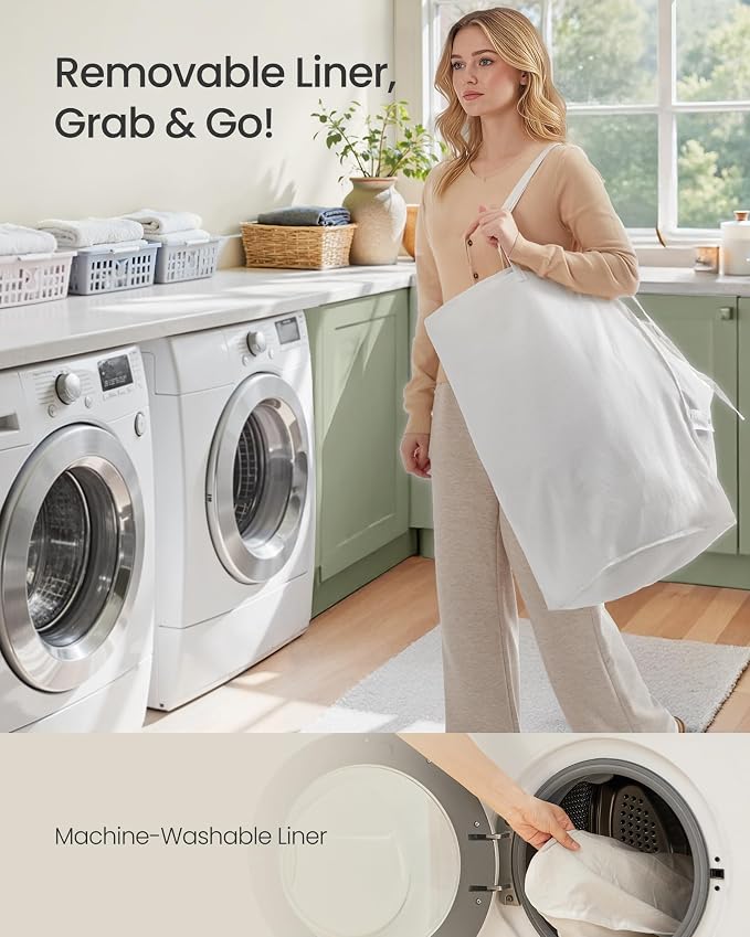 SONGMICS Laundry Hamper with Lid, 17.2 Gallon (65L) Synthetic Rattan Clothes Laundry Basket with Lid and Handles, Foldable, Removable Liner, Summer Sand ULCB165LZ01 - Image 7