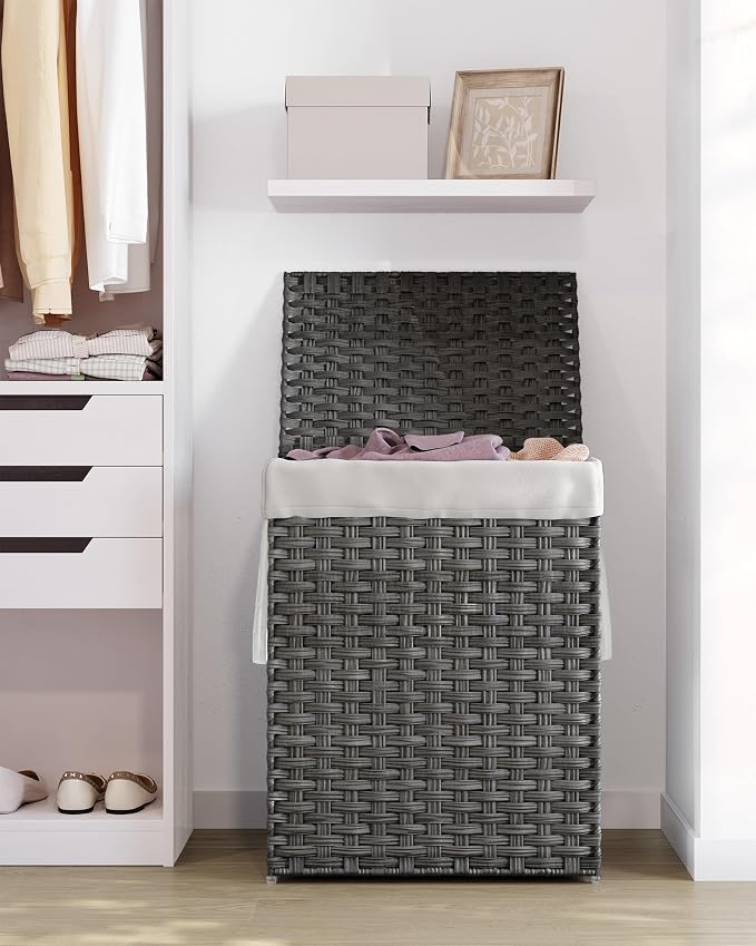 SONGMICS Laundry Hamper with Lid, 23.8 Gallon (90 L) Synthetic Rattan Clothes Laundry Basket with Lid and Handles, Foldable, Removable Liner, Dove Gray ULCB51WG - Image 10
