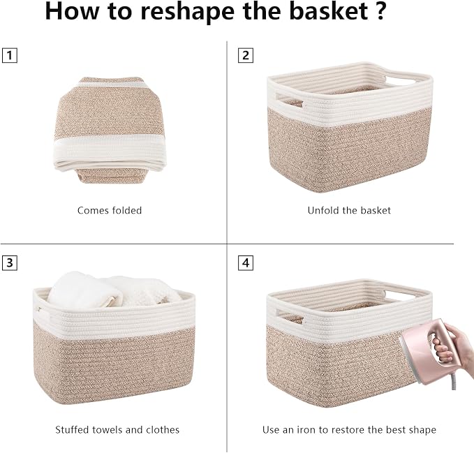 OIAHOMY 4 Pack Storage Basket, 13"x9"x7.8" Cotton Rope Baskets for Shelves, Closet Organizer for Bedroom & Living Room, Soft Decorative Bins for Organizing Towels, Books & Toys, Brown & White - Image 9